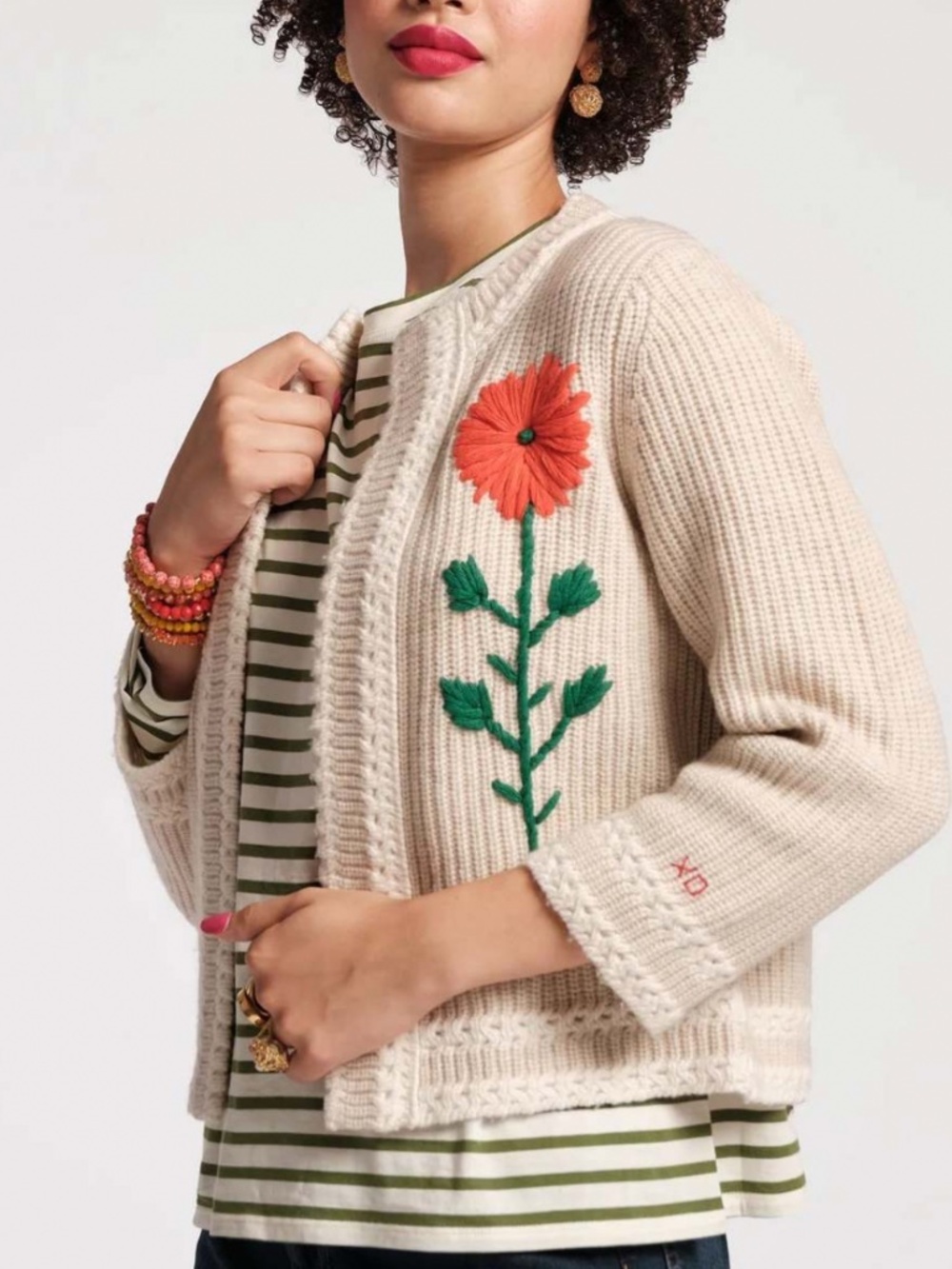 NWT, FRANCES VALENTINE DARLING BORDER CARDIGAN WITH EMBROIDERED FLOWER ON FRONT